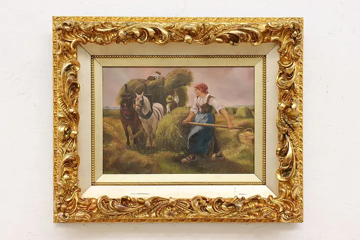 Victorian Harvest & Horses Antique Original Oil Painting 23" #46336
