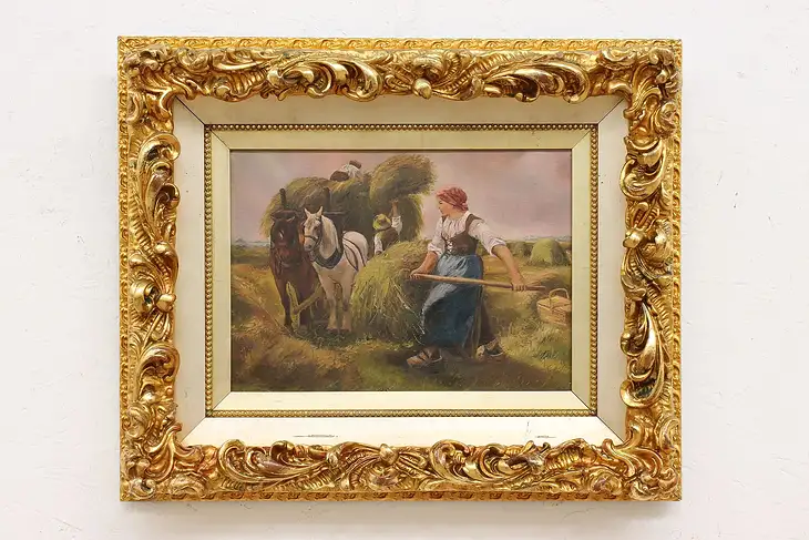 Victorian Harvest & Horses Antique Original Oil Painting 23" #46336