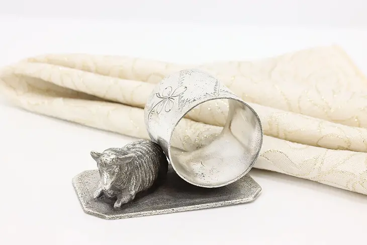 Victorian Antique Silverplate Napkin Ring, Sheep, Signed #46788