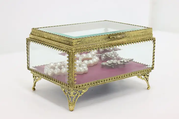 Beveled Glass & Gold Plated Filigree Vintage Jewelry Box #45648