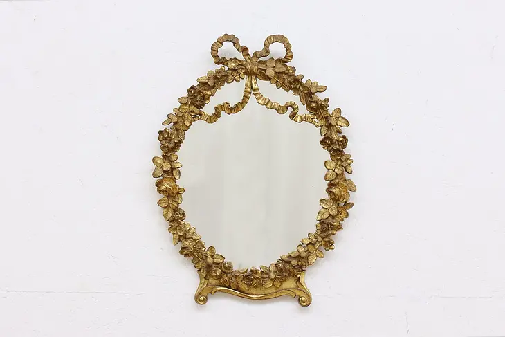 French Antique Carved Gilt Ribbons & Rose Vine Mirror #45697