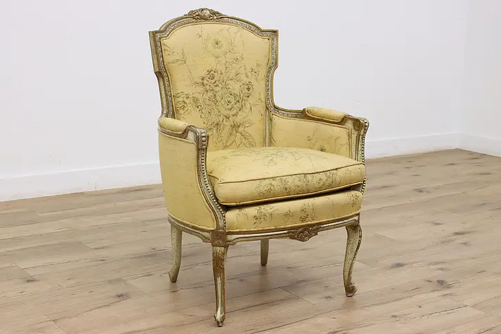 Country French Vintage Carved Armchair, Hand Painted Silk #46334