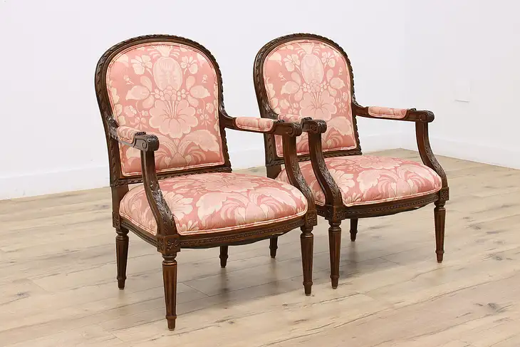 Pair of Country French Vintage Upholstered Library Armchairs #46322