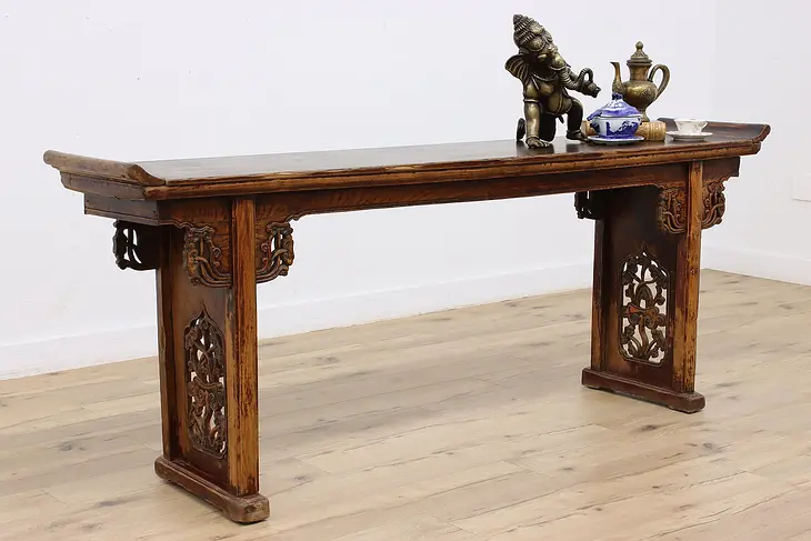 Chinese Antique Carved Pine Altar or Sofa Table Hall Console #46912
