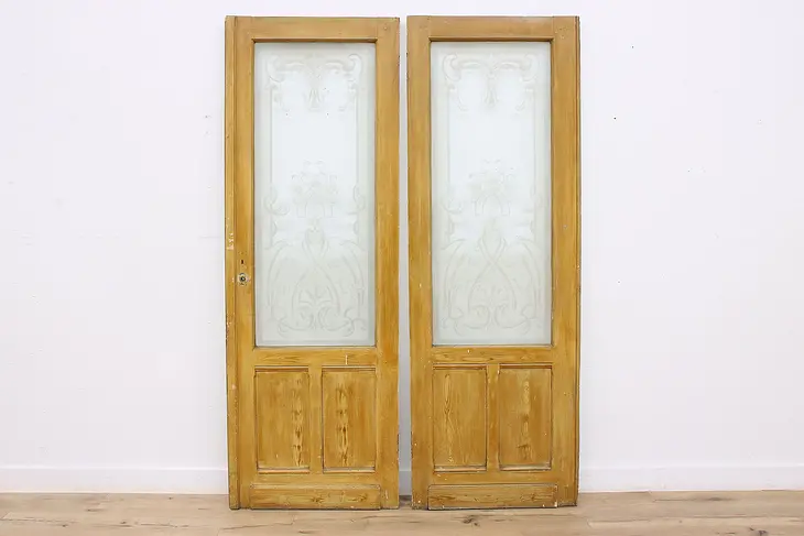Pair of Belgian Architectural Salvage Etched Glass Doors #46096