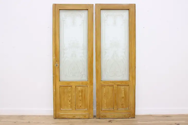 Pair of Belgian Architectural Salvage Etched Glass Doors #46096