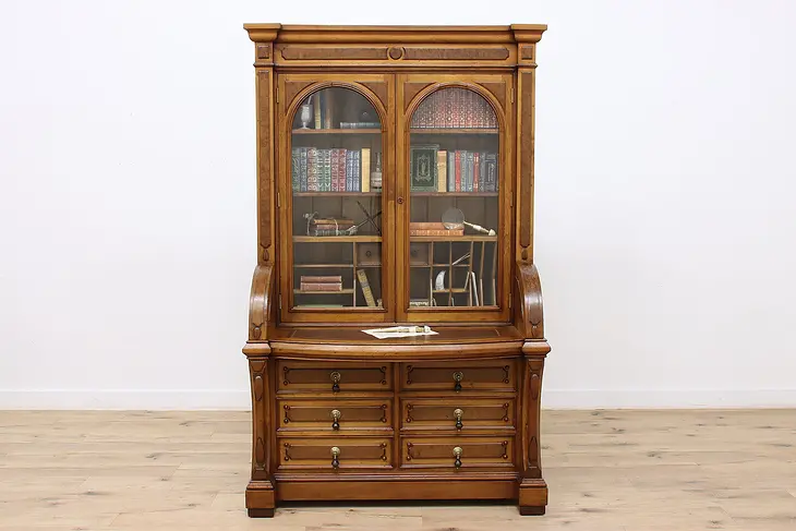 Victorian Antique Butternut, Walnut Secretary Desk, Bookcase #46701