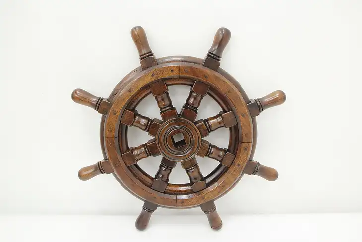 Farmhouse Vintage Walnut & Birch Salvage Captain Ship Wheel #46930