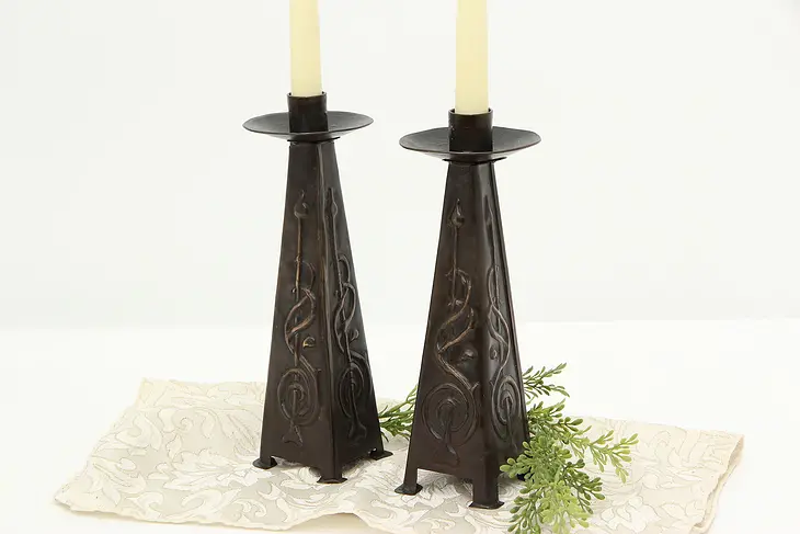 Pair of Arts & Crafts Antique Hammered Copper Candlesticks #46206