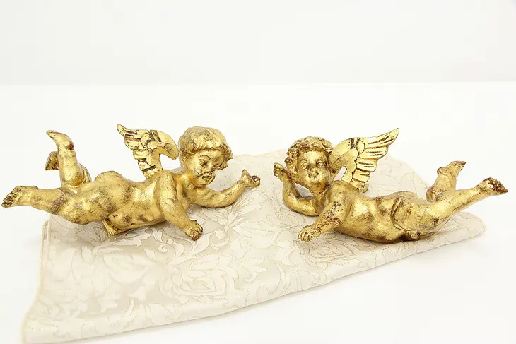 Pair of Vintage Gold Italian Carved Angel Cherub Sculptures #46870