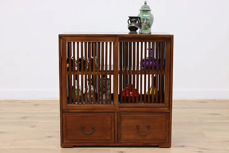 Chinese Vintage Teak Double Side Cabinet, Sliding Doors #46053