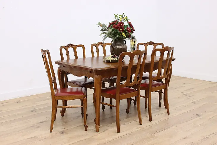 Country French Vintage Oak Dining Set, Table & 6 Chairs #46085