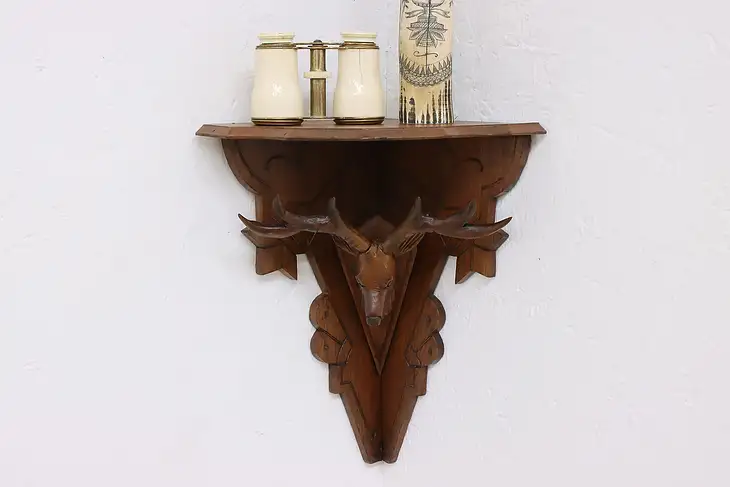 Victorian Antique Carved Deer Head Corner Wall Shelf #45666