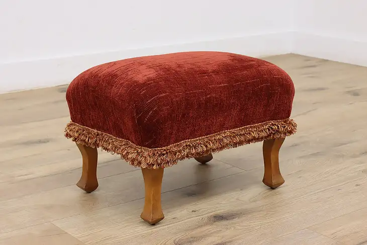 Carved Walnut Vintage Footstool, Red Upholstery & Fringe #46969