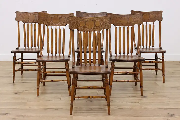 Farmhouse Set of 6 Carved Antique Pressback Dining Chairs #46884