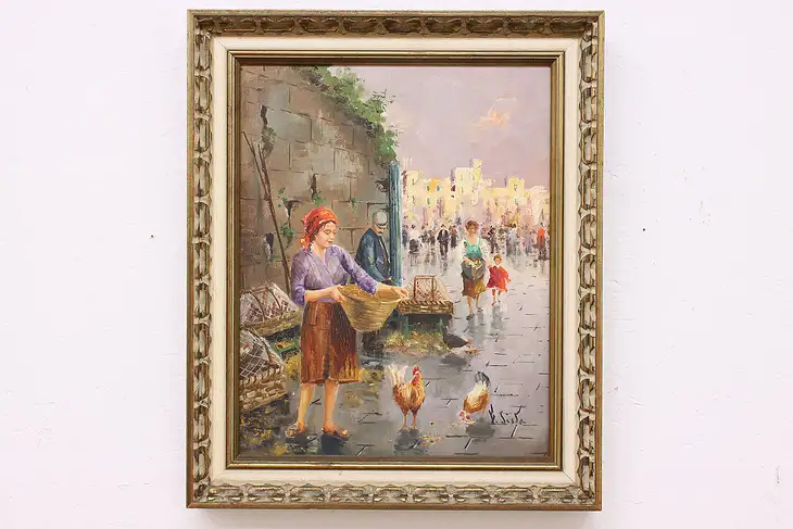 Chicken Market Original Vintage Oil Painting, Siska 24.5" #46929