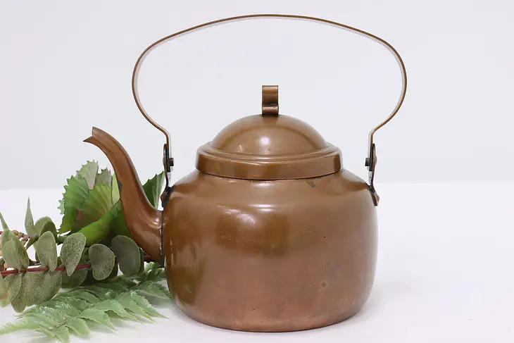 Farmhouse Vintage Copper Tea Pot or Kettle, Folding Handle #46288