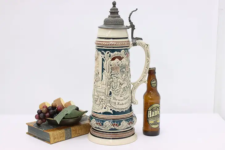 German Folk Art Antique 3 L Beer Stein or Mug Pewter Lid 18" #46018