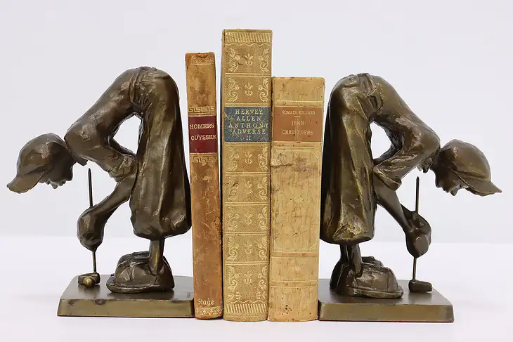 Pair of Antique Bronze Finish Golf Statue Bookends, Frankart #46630