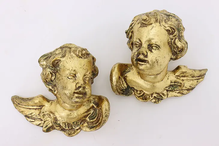 Pair of Vintage Italian Carved Gold Cherub Angel Sculptures #46871