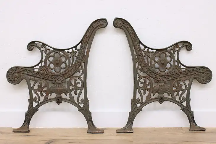 Victorian Antique Salvage Cast Iron Bench Ends, Lion Heads #44571