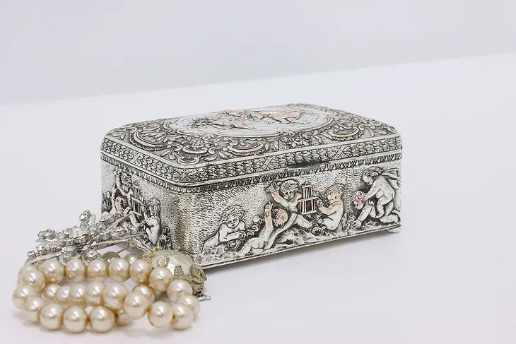 Victorian Antique Silverplate Jewelry Trinket Box, Cherubs #46215