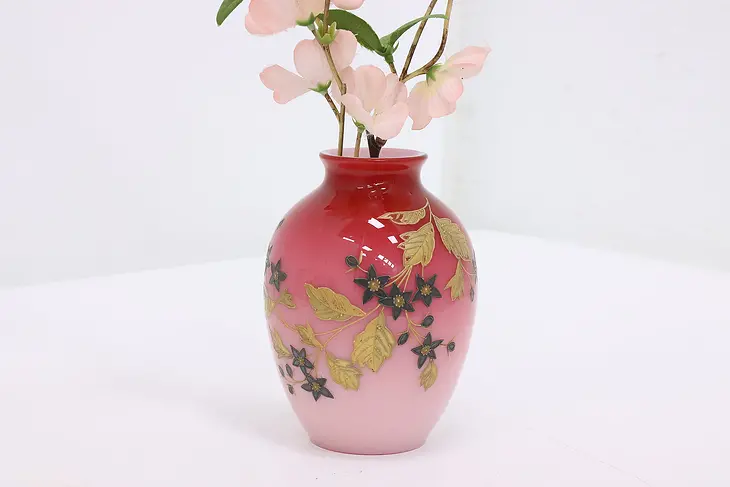 Victorian Blown Cased Glass & Enamel Antique Flower Vase #46330