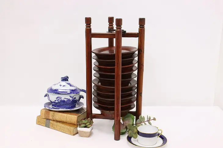 Chinese Vintage Pine 10 Plate Stacking Caddy Rack #46054