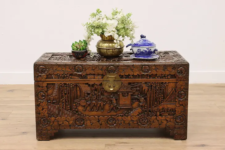 Chinese Vintage Carved Camphor Chest, Trunk, Coffee Table #47035