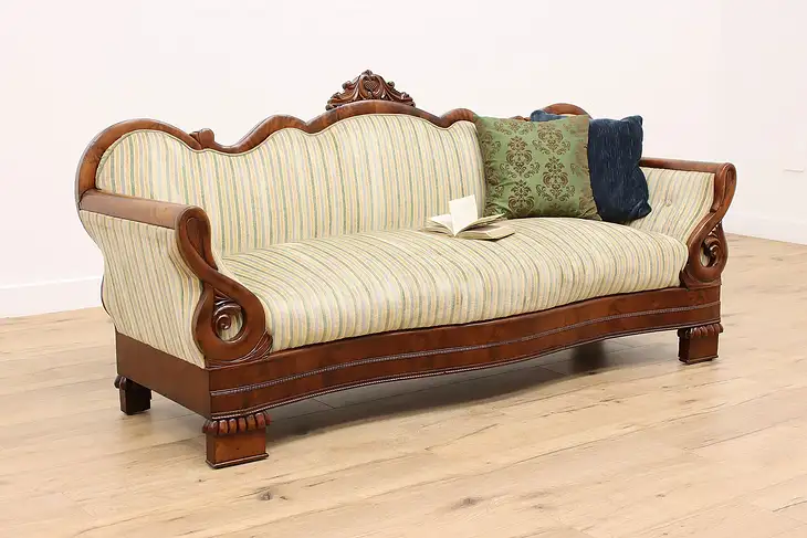 Empire 1840s Antique Carved Flame Mahogany Sofa, Swan Arms #45726