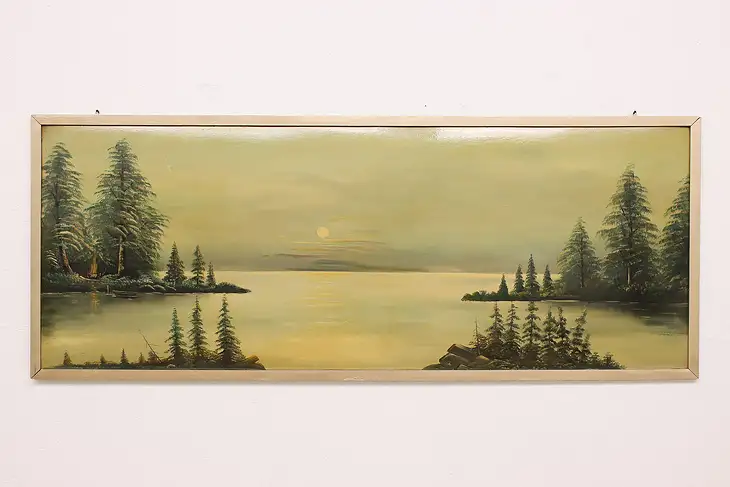 Moon & Lake Antique Original Hunting Lodge Oil Painting 87" #45439