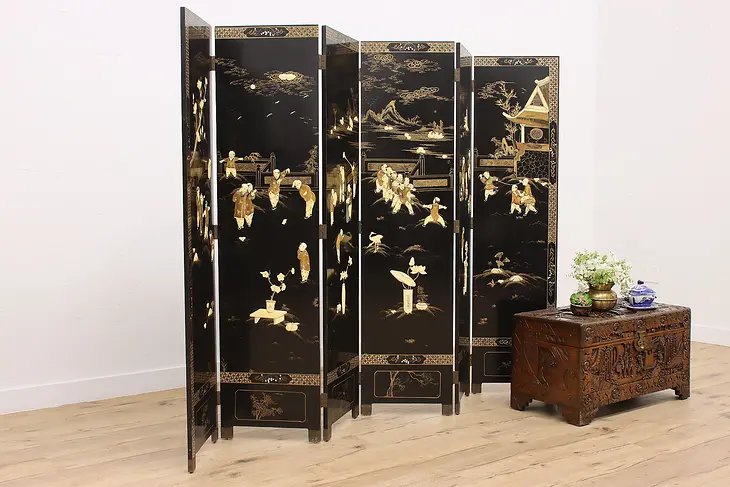 Traditional Chinese Vintage 6 Panel Bone & Lacquer 9' Screen #45800