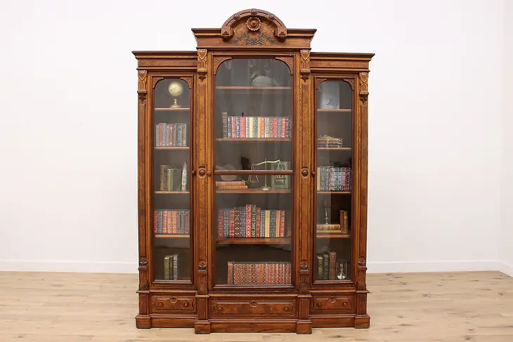 Victorian Antique Office Library Marquetry Triple Bookcase #46702