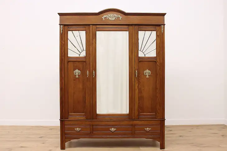 Classical Antique Oak Armoire or Wardrobe, Sunburst Mirrors #46920