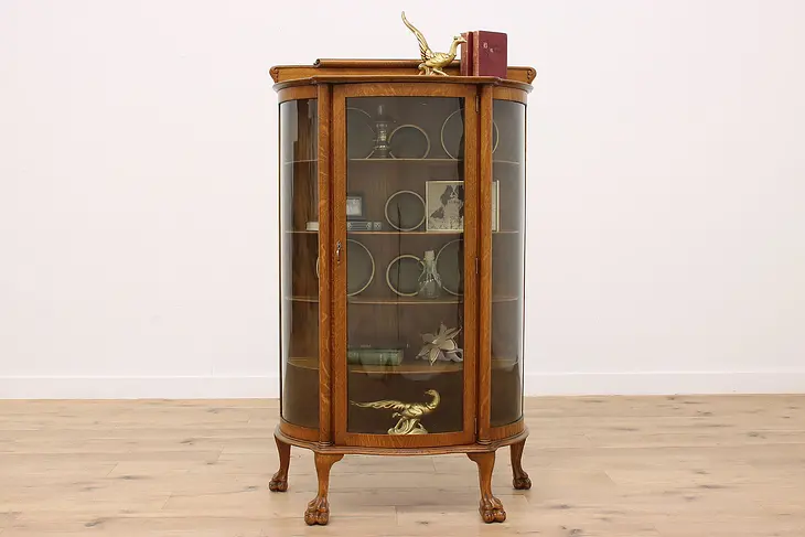 Victorian Curved Glass Antique Oak Curio China Cabinet #46549
