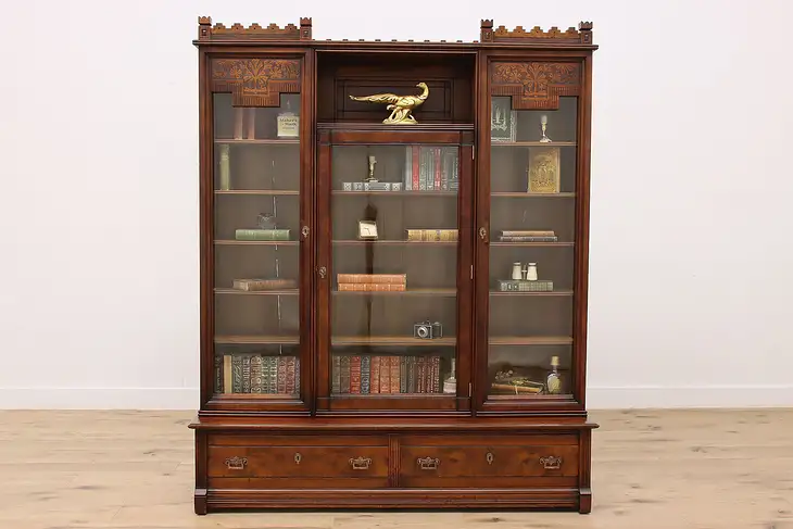 Victorian Eastlake Antique Office or Library Triple Bookcase #46046