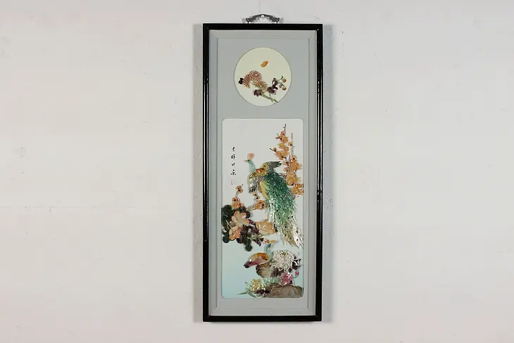 Chinese Vintage Painted Shell Peacock & Flowers in Shadowbox #46367