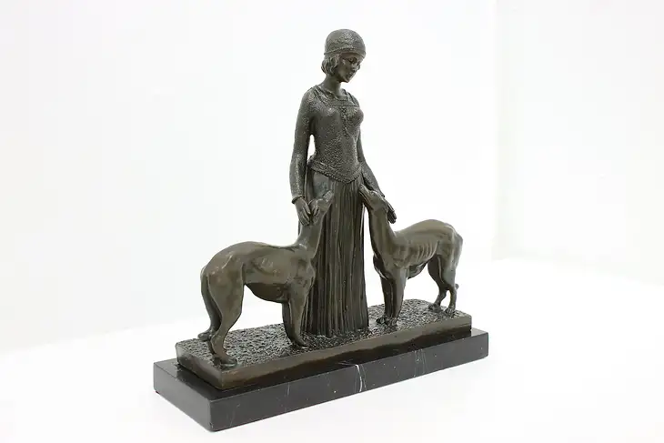 Art Deco Antique Bronze Dogs & Woman Sculpture After Chiparus #45746