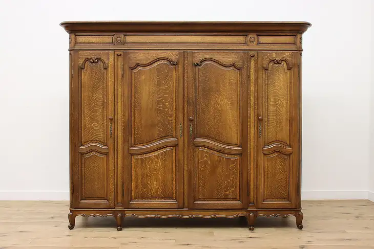 Country French Antique Oak 4 Door Armoire Wardrobe Closet #46911