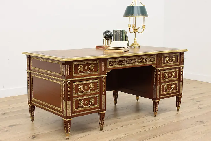 French Vintage Executive Office Library Desk, Bronze Lions #45702
