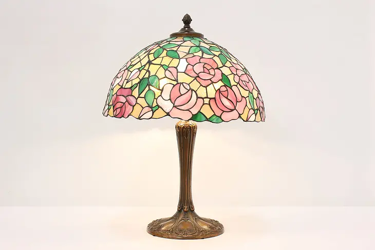 Leaded Stained Glass Antique Library Desk Lamp Roses, Empire #47036