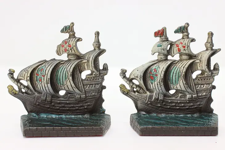 Pair of Antique Painted Cast Iron Sailing Ship Bookends #46673