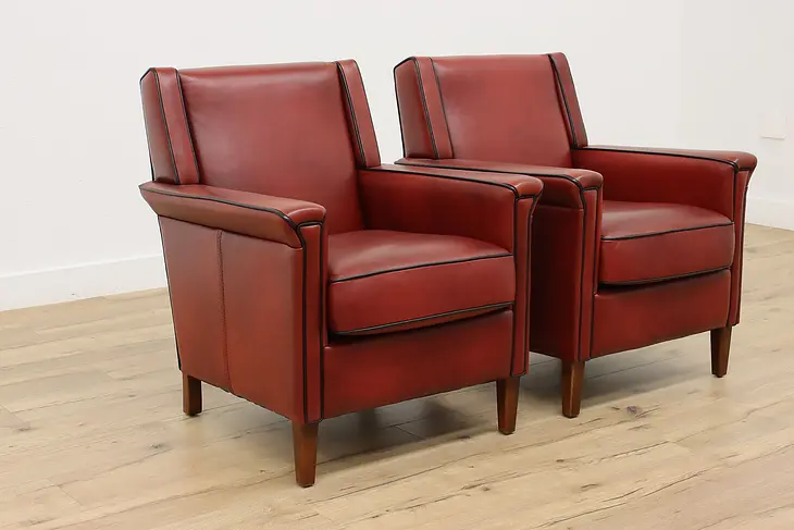Pair of Midcentury Modern Vintage Red Leather Library Chairs #46576
