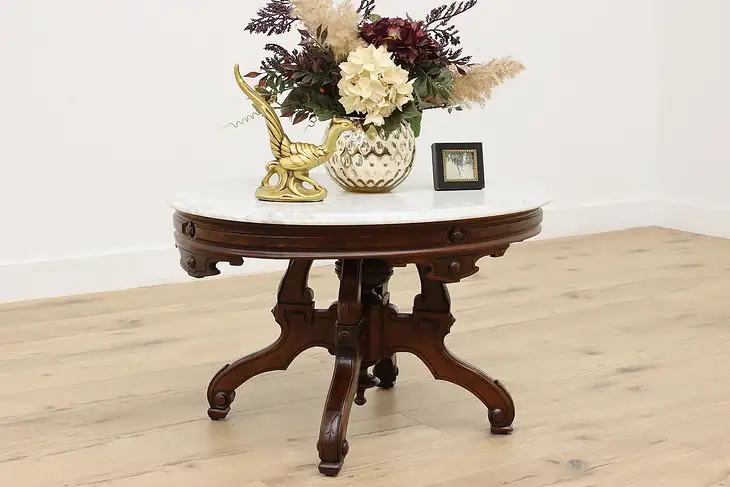 Victorian Antique Oval Walnut Coffee Table, Marble Top  #38659