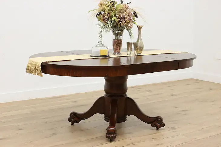 Victorian Antique 45" Oak Dining Table 2 Leaves, Paw Feet #46883