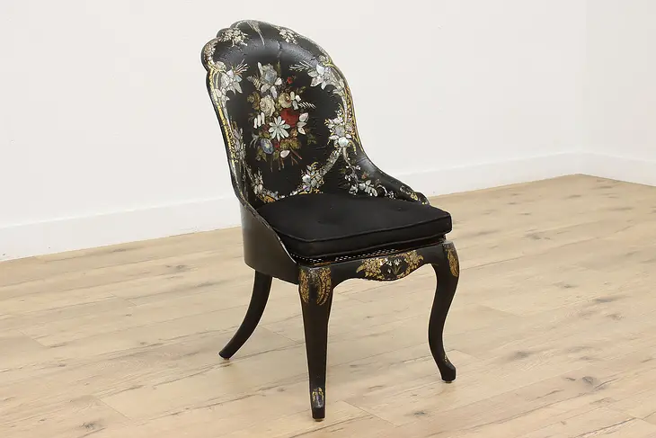 Victorian Antique Paper Mache Chair Pearl Inlay Gold Leaf #46326