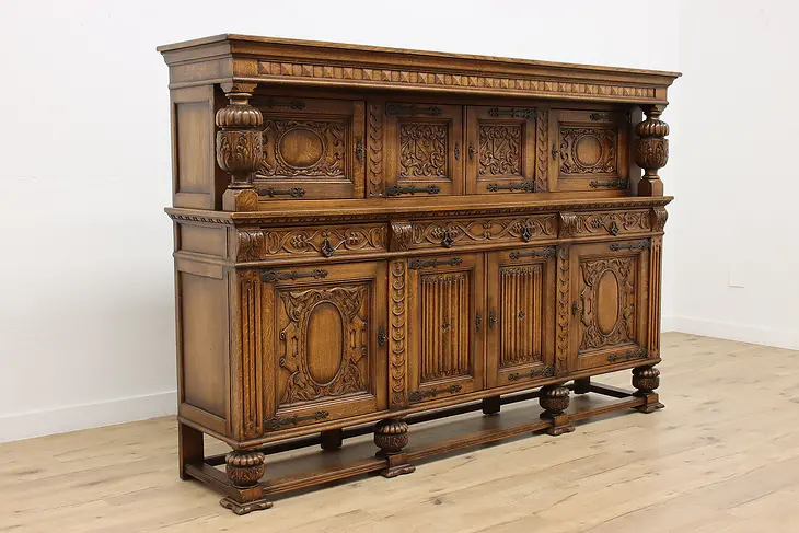 Renaissance Design Antique Carved Oak China or Bar Cabinet #47207