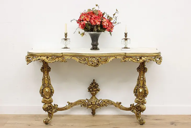 Italian Antique Carved Gilt Console Table, Marble Top #47190