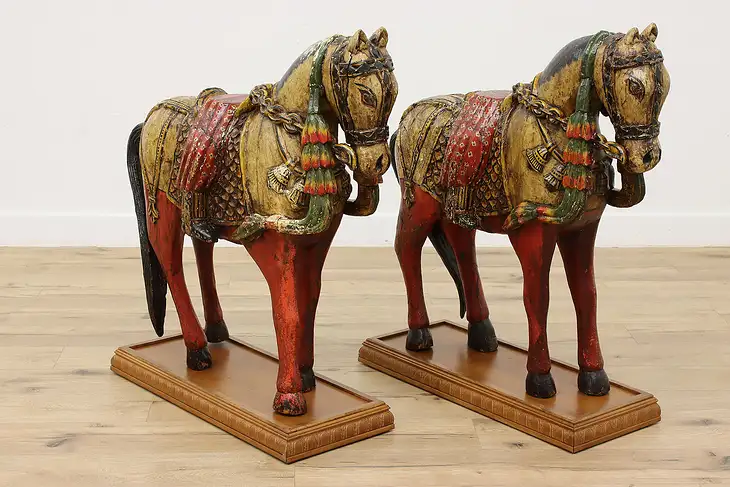 Pair of Antique Carved & Painted Horse Carousel Sculptures #47173