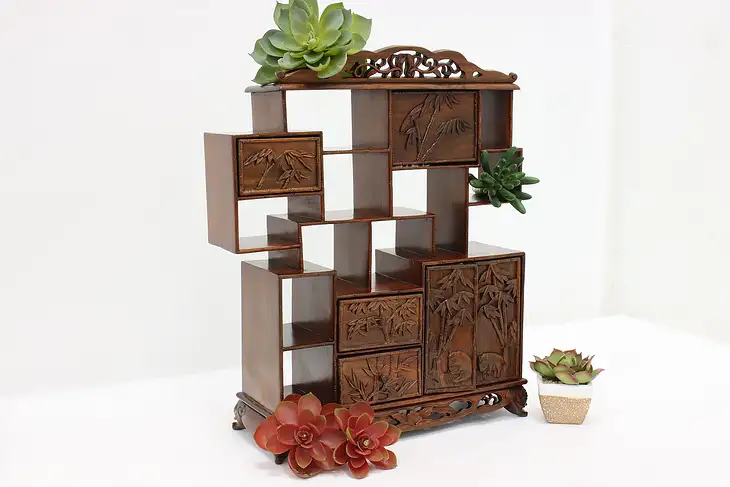 Chinese Rosewood Jewelry Cabinet Stand Carved Palms & Pandas #46661